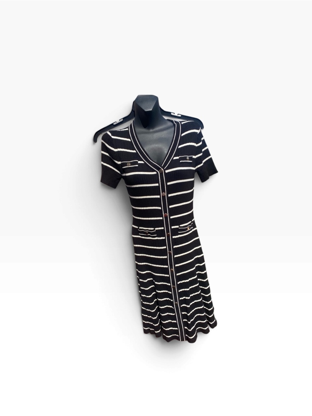 Tahari Women’s M Black White Striped Rib
Knit Button down Sweater Dress